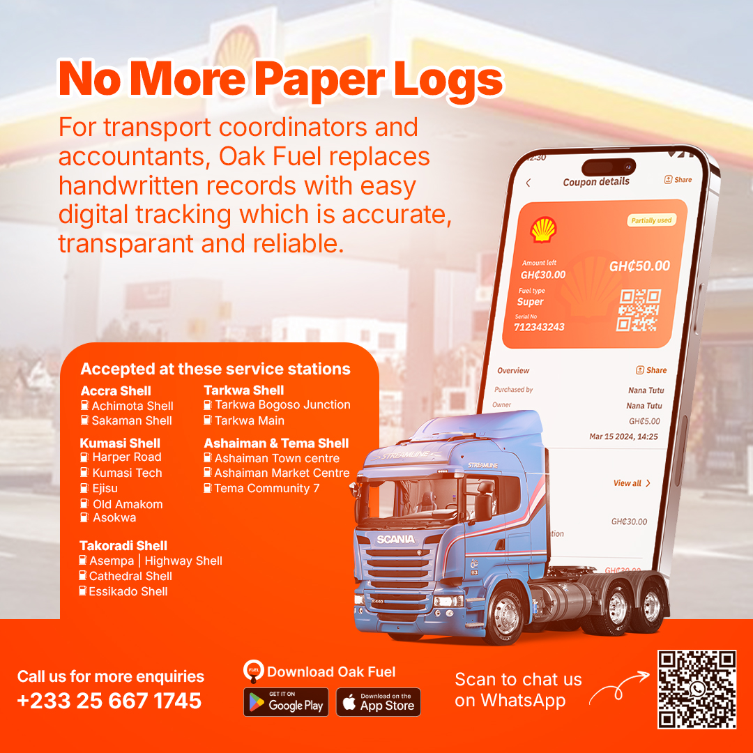oakwinds_'s tweet image. Oak Fuel gives you simple, transparent, and reliable tracking all from your phone or computer.
Call or WhatsApp us on +233 25 667 1745 or visit oakwindsgh.com to get started.
#oakfuel #smartfueltracking #NoMorePaperwork #fleetmanagement #fuelsolutions #oakwinds