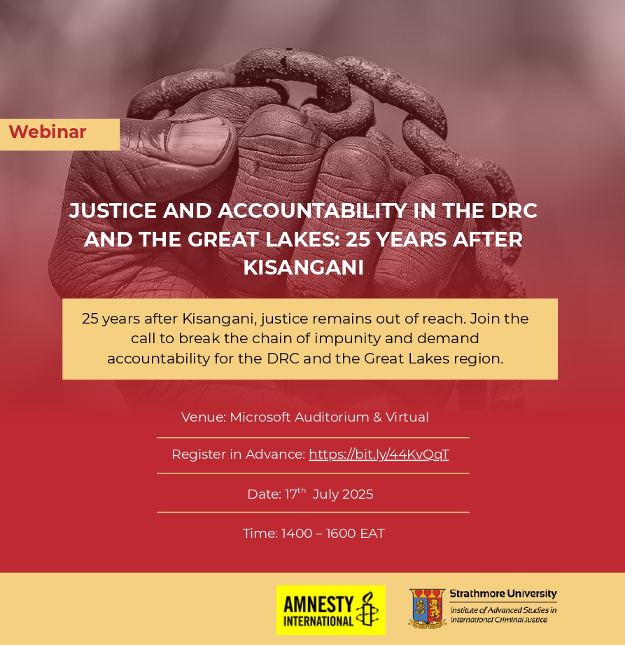 AmnestyEARO's tweet image. What are you doing Thursday? @StrathU and ourselves we will be discussing if there is hope for justice 25 years after the Kisangani wars. Please register, link is on the poster. Before then, read our report on elusive justice for victims and survivors. amnesty.org/en/latest/news…