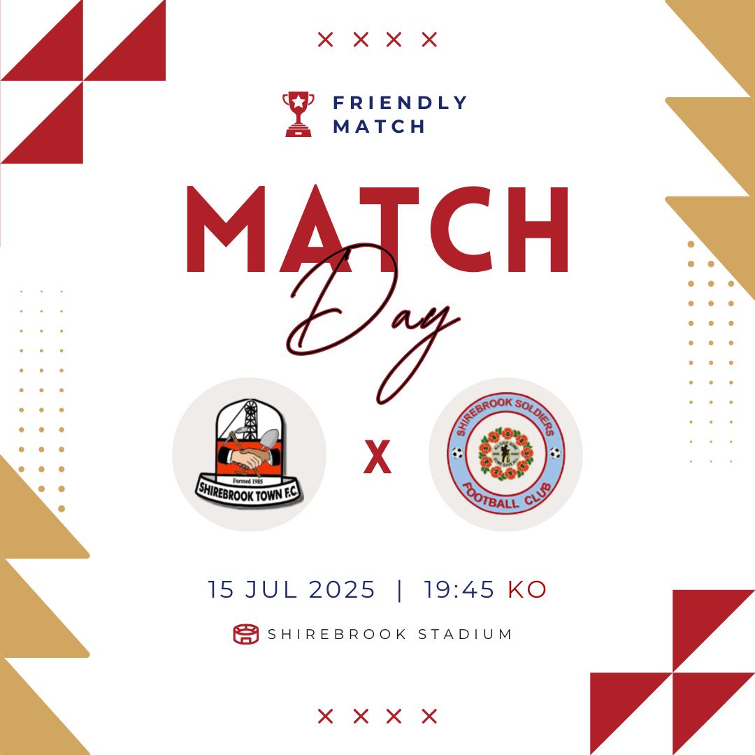 🔥 𝗜𝗧’𝗦 𝗠𝗔𝗧𝗖𝗛𝗗𝗔𝗬 🔥

The Battle of Shirebrook is on 👊

We welcome local neighbours Shirebrook Soldiers to the Stadium tonight in our latest pre-season clash.

🕒 7:45pm KO
🎟️ Adults £3 | Concessions £2 | Under 16's Free

#UpTheBrook  | #ShirebrookDerby
