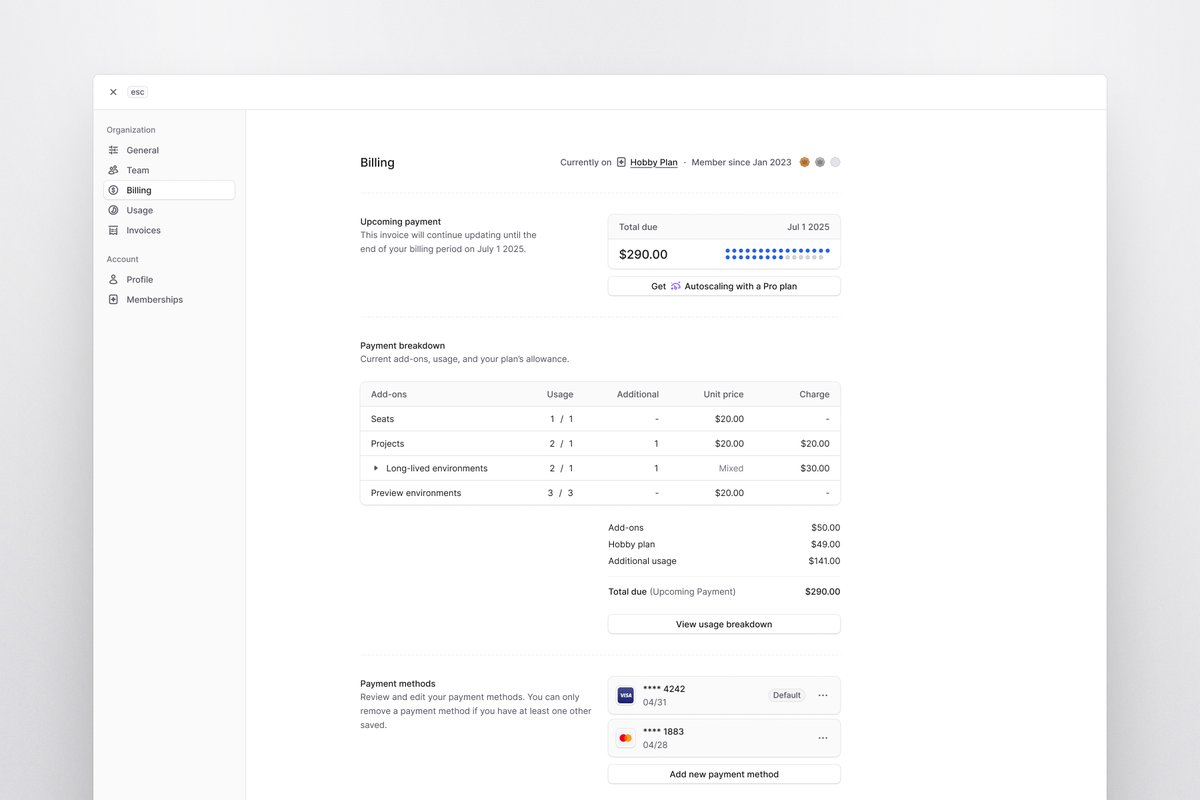 ludvigrask_'s tweet image. I want to make payments as transparent as possible for the @medusajs Cloud self-serve launch. This is the Billing section in the settings modal 💰 What do you think? (Prices are fictional)