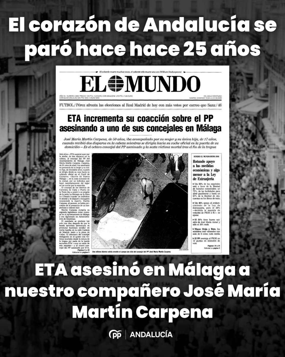 ⚫️ Hoy se cumplen 25 años del asesinato de ETA a Martín Carpena al salir de su casa en Málaga en presencia de su familia.

Le arrebataron la vida por defender la democracia y la libertad siendo concejal del Partido Popular.

¡Nunca lo olvidaremos!