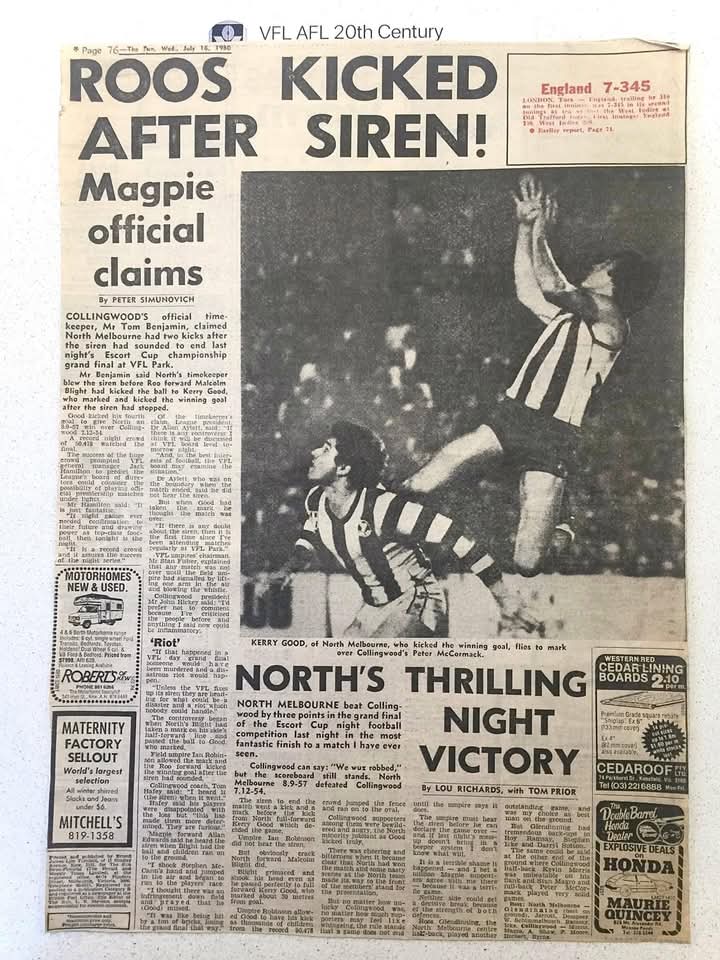 <a href="/Beva3AW/">Bruce Eva</a> <a href="/Crackers134/">Luke Reynolds</a> <a href="/MarkAllenGolf/">Mark Allen 🇦🇺</a> <a href="/MaccaHeraldSun/">Glenn McFarlane</a> <a href="/TonyShaw22/">Tony Shaw</a> 
45 years' ago today.
Blight marks &amp; kicks in the centre of <a href="/VFLPark/">VFLPark</a> . Good marks 40m out, main scoreboard end. Kids run onto the ground as Good takes the kick &amp; goals to win the Night Series Premiership.