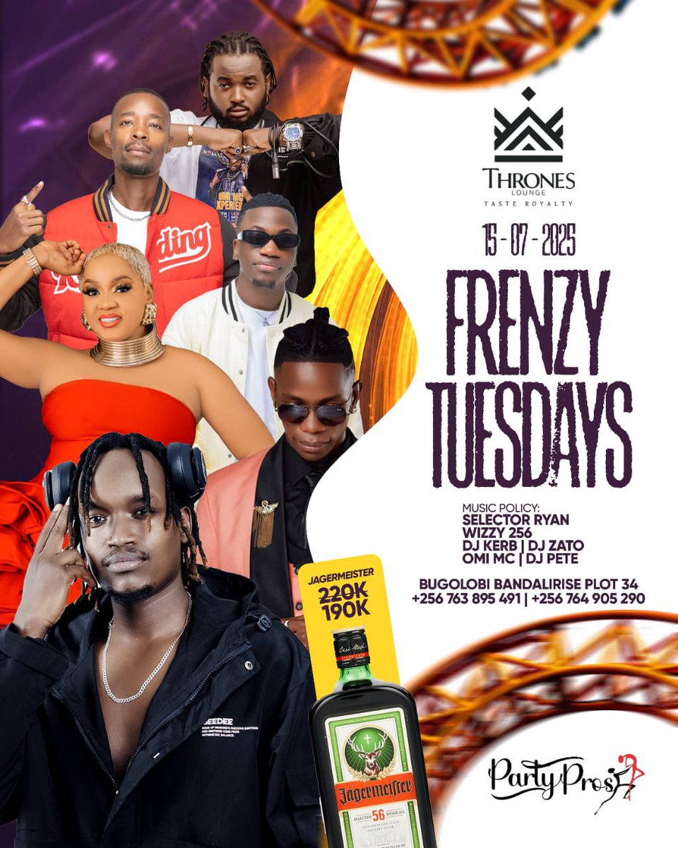 Tonight, Frenzy Tuesdays ignites <a href="/throneskampala/">throneskampala</a> with <a href="/ZaharaTottoZATO/">zahara totto fieldmarshal entertainer</a>, <a href="/SelectaRyan_/">Selecta Ryan 🇺🇬</a>, <a href="/deejaykerb/">Deejay Kerb</a>, <a href="/kagzpete/">deejaypete</a>, and <a href="/deejaywizzy256/">Deejay Wizzy 256</a> on the decks, joined by Omi MC pumping up the crowd! Get set for a wild night starting at 8 pm.