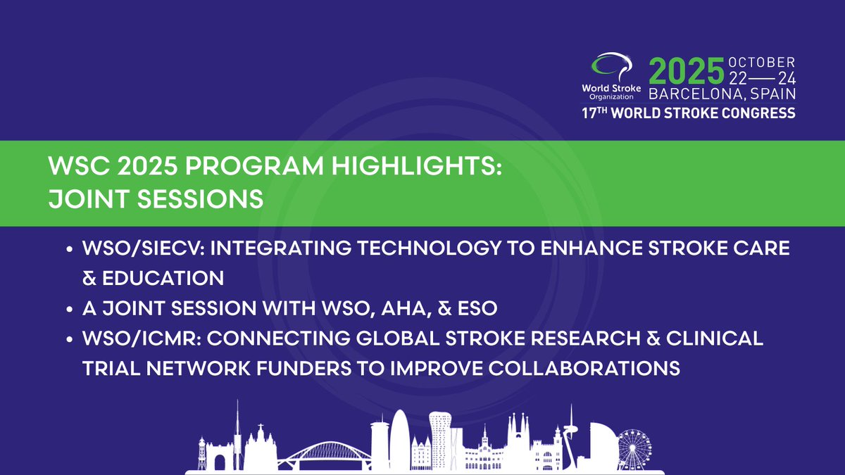 WorldStrokeOrg's tweet image. #WSC2025 Program Highlights: Joint Sessions 

We’re bringing together global experts from leading organizations to share cutting-edge research, practical solutions, and strategies that will transform stroke care and recovery worldwide. Here’s a sneak peek at some of the…