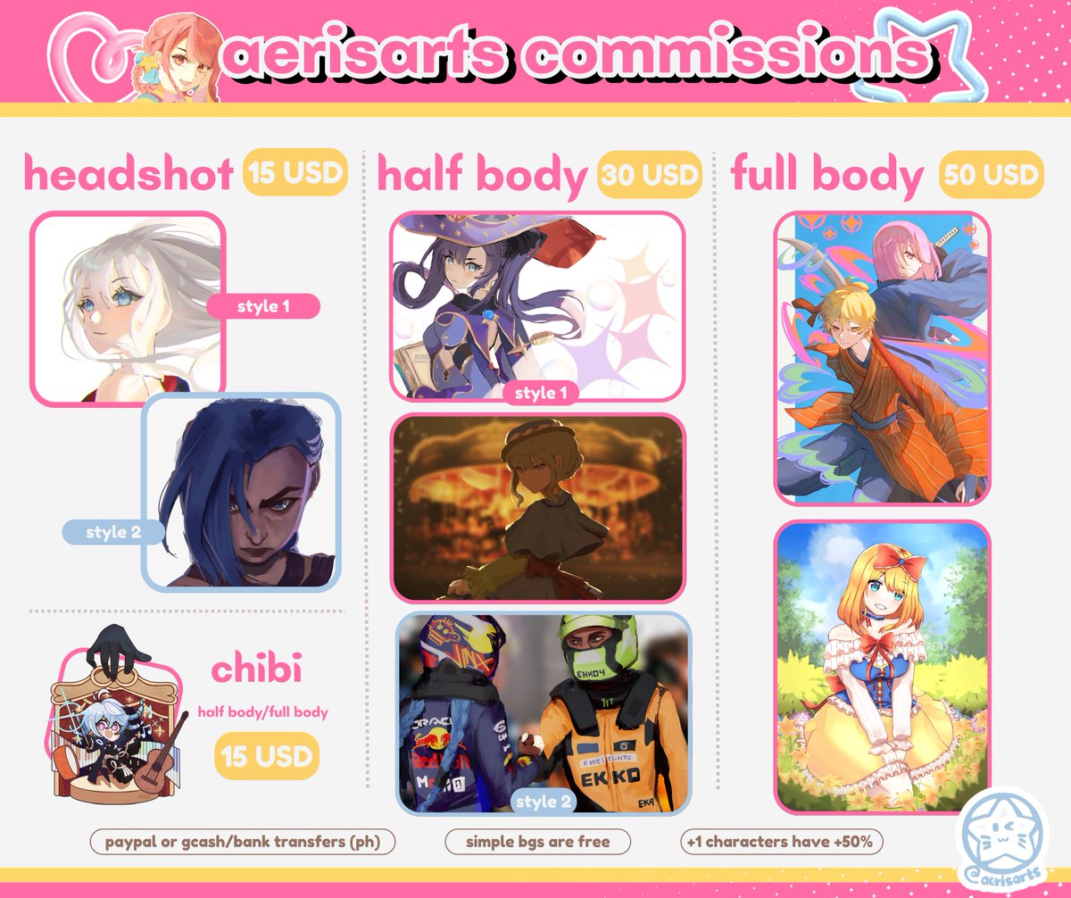 aerisarts's tweet image. [RTs are appreciated! 🫶]

Finally opening my commissi0ns here! I got two styles to offer. Just send me a dm if you are interested ^^

For more details, visit this page: aerisartscommissions.my.canva.site
Check my portfolio to find more of my works💙

#artcommission #commissionsopen