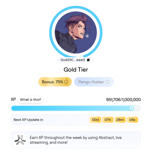 lorenzo_onx's tweet image. gmabs 💚
the big question of the day, will I make it to Plat tier after the @AbstractChain XP reveal?
I only need 48,294 XP 🙏