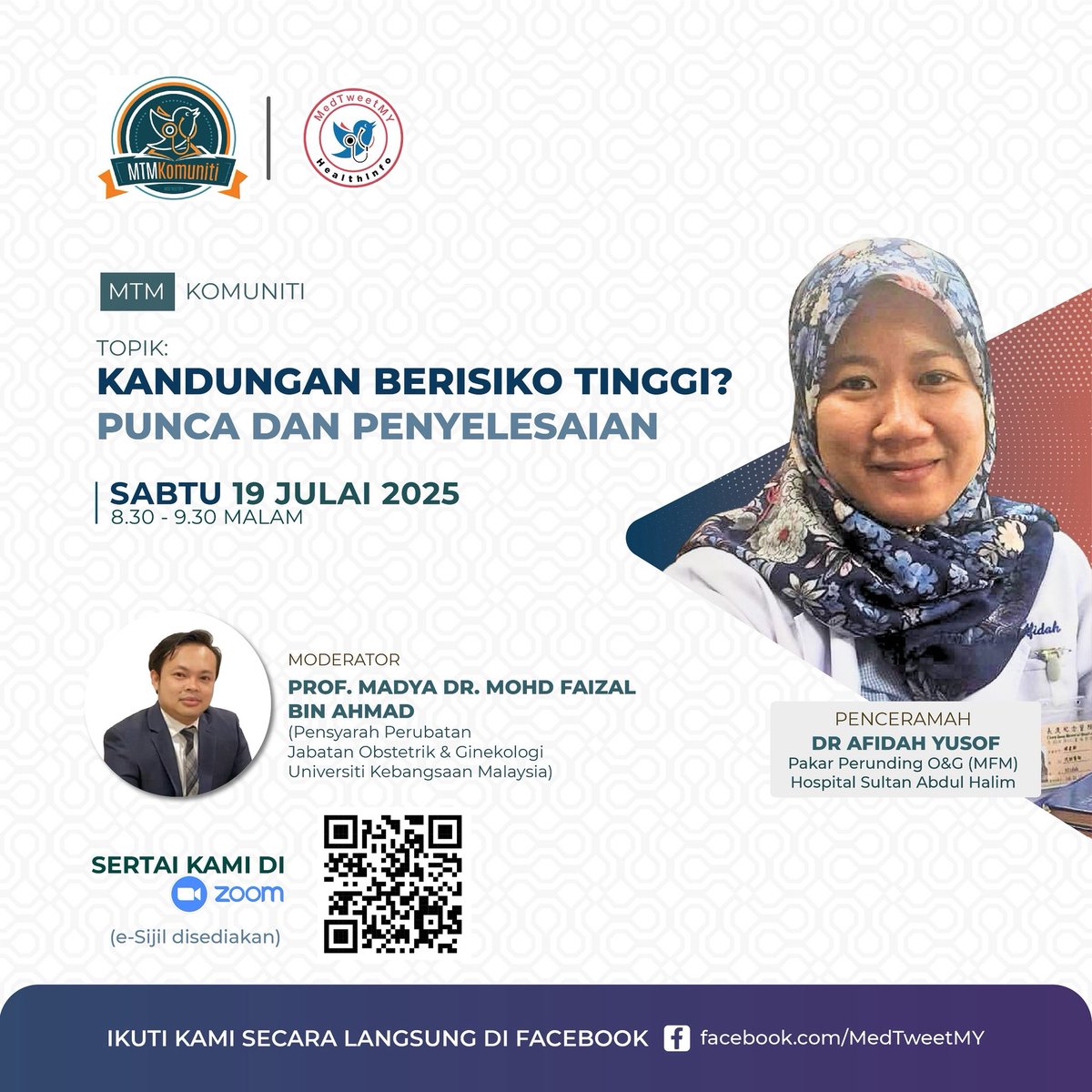 Pernah dengar istilah “high-risk pregnancy” tapi tak pasti apa maksudnya? Darah tinggi dan kencing manis masa hamil? Uri di bawah? Semua keadaan ini boleh menjejaskan kesihatan ibu dan bayi kalau tak dipantau rapat. 

Jom sertai sesi santai tapi padat dengan ilmu di slot