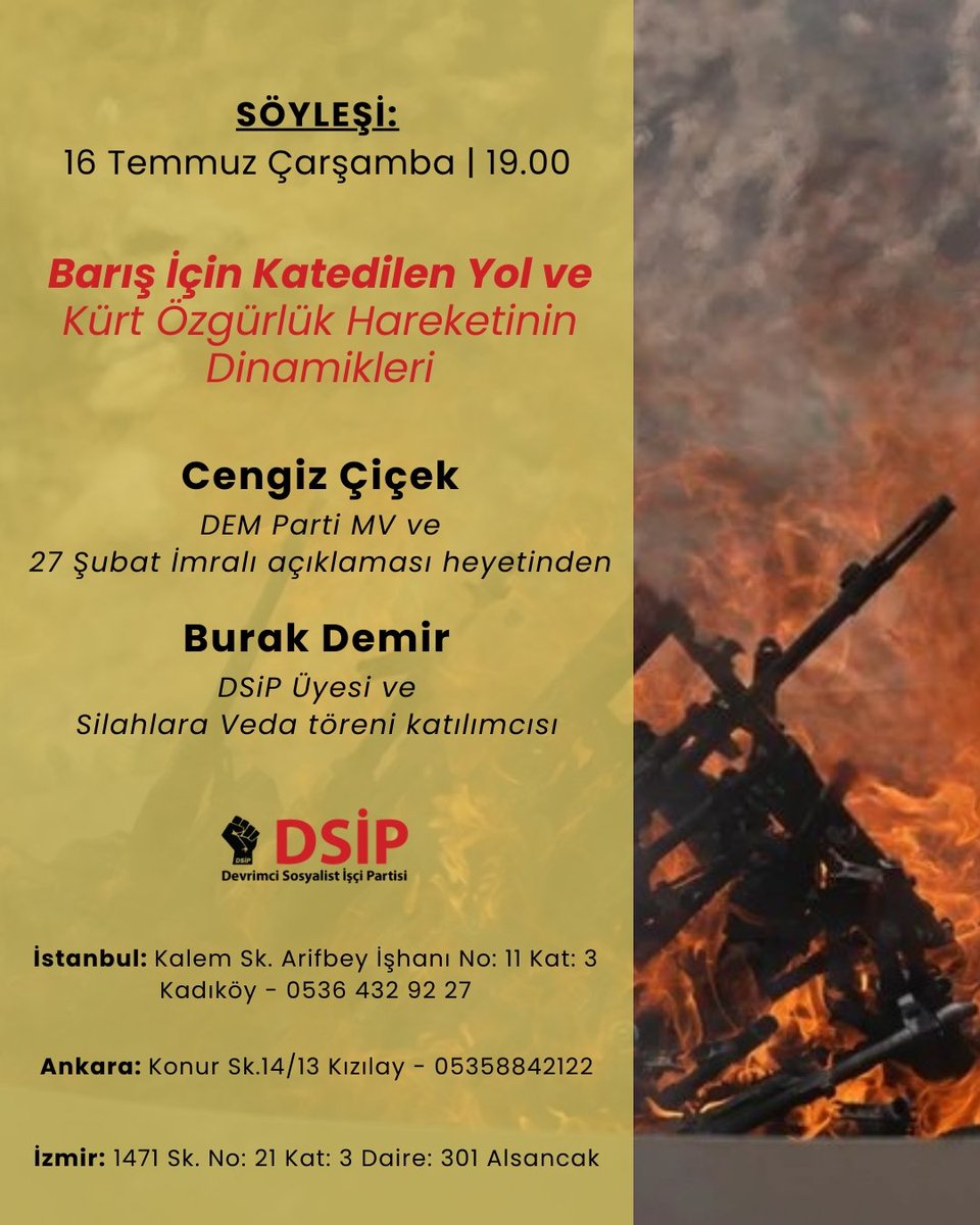 Herkesin katılımına açık olan haftalık toplantılarımız bu kez İstanbul, Ankara ve İzmir bürolarımızda ortak yapılacak online söyleşi ile devam ediyor.

➡️ "Barış İçin Katedilen Yol ve Kürt Özgürlük Hareketinin Dinamikleri"

Çözümü birlikte tartışalım, umudu birlikte örgütleyelim!