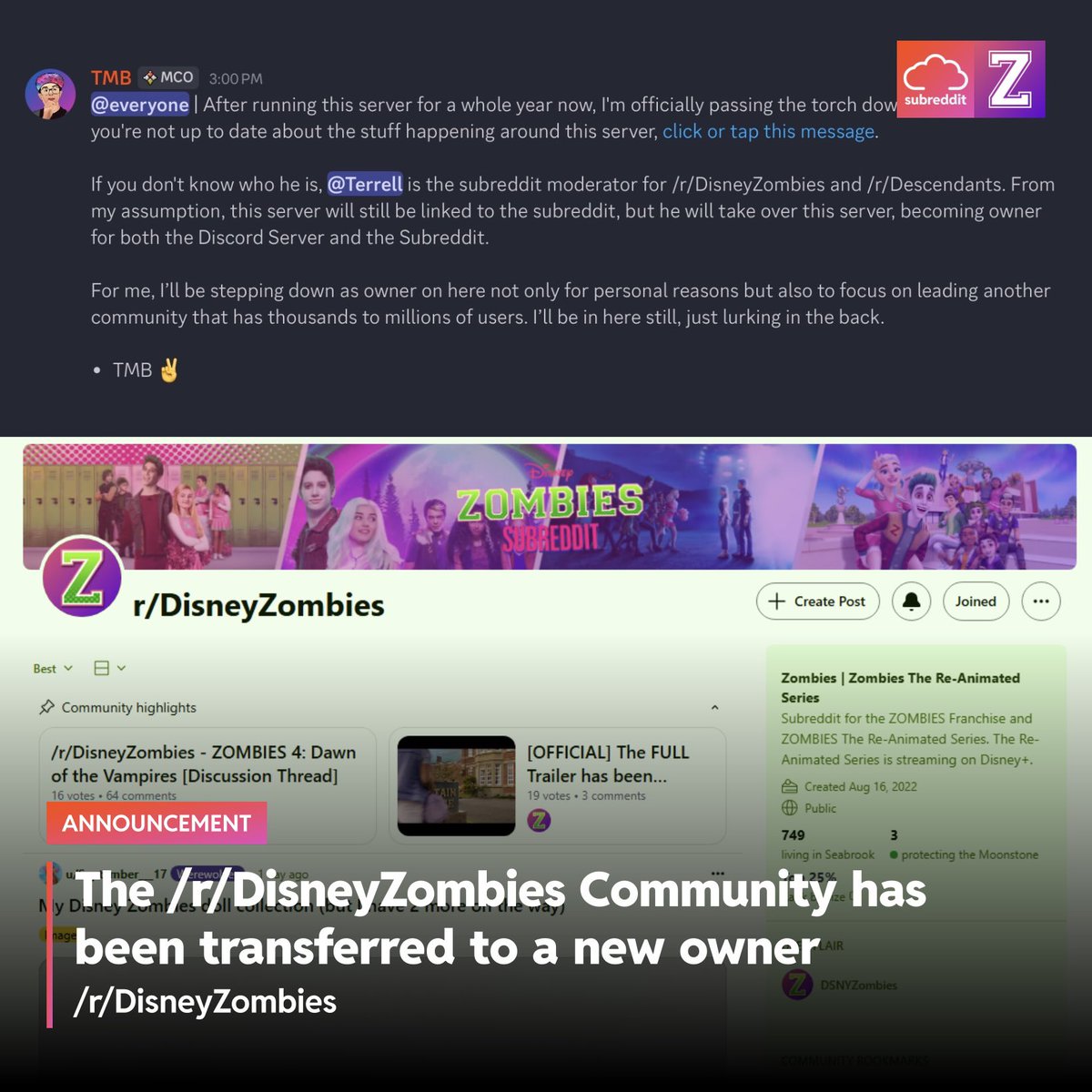 OFFICIAL: The /r/DisneyZombies Discord Server and the /r/DisneyZombies Subreddit has been divested to a brand new owner (<a href="/Terrell8799/">1</a>).