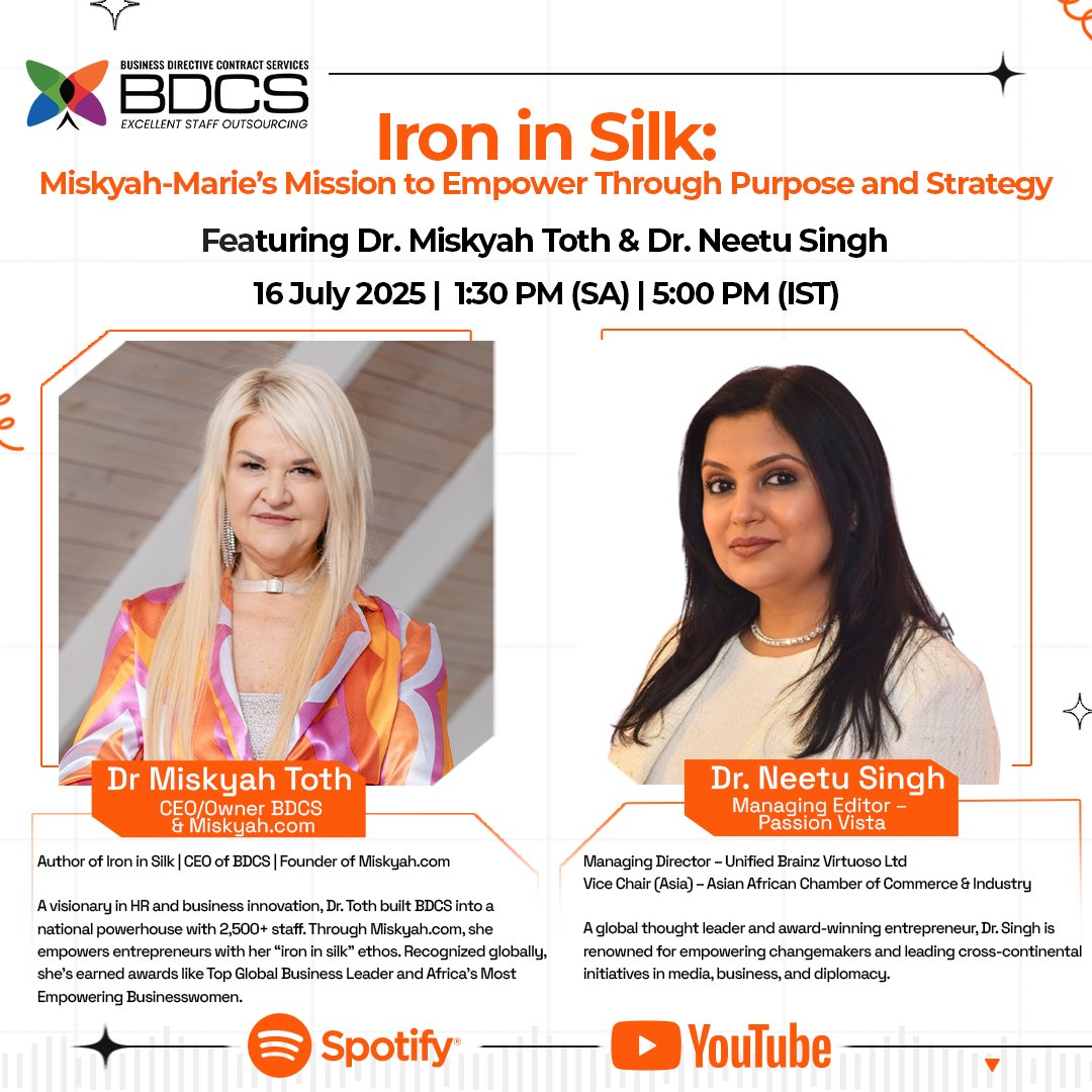 Business Directive Contract Services (@bdcsglobal1) on Twitter photo 🔥 Iron in Silk — A mission to empower through purpose & strategy!
Join Dr. Miskyah Toth & Dr. Neetu Singh on 16 July | 1:30PM (SA) | 5PM (IST)
🎧 Spotify | 📺 YouTube
#IronInSilk #BDCS #WomenInLeadership #Miskyah #LeadershipTalks <a href="/PassionVista/">Passion Vista</a> 🔥 Iron in Silk — A mission to empower through purpose & strategy!
Join Dr. Miskyah Toth & Dr. Neetu Singh on 16 July | 1:30PM (SA) | 5PM (IST)
🎧 Spotify | 📺 YouTube
#IronInSilk #BDCS #WomenInLeadership #Miskyah #LeadershipTalks <a href="/PassionVista/">Passion Vista</a>