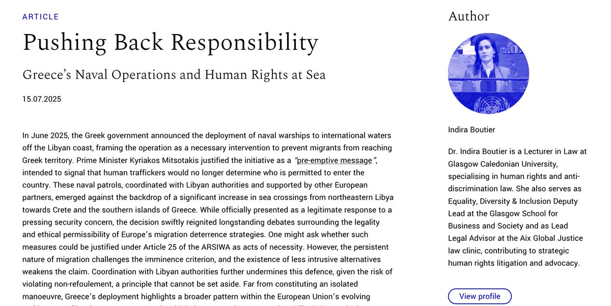 Dr. Indira Boutier (@boutierindira) on Twitter photo New article on <a href="/Voe_Blog/">Völkerrechtsblog</a>: “Pushing Back Responsibility: Greece’s Naval Operations and Human Rights at Sea.”
I explore how naval deterrence risks undermining international maritime law and migrant rights. New article on <a href="/Voe_Blog/">Völkerrechtsblog</a>: “Pushing Back Responsibility: Greece’s Naval Operations and Human Rights at Sea.”
I explore how naval deterrence risks undermining international maritime law and migrant rights.