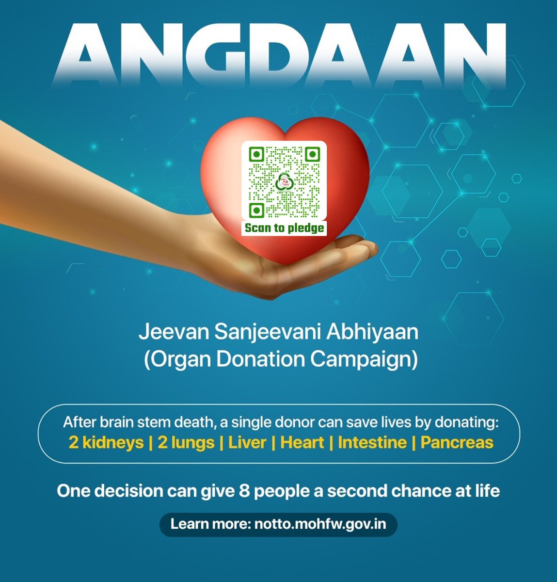 Angdaan - Jeevan Sanjeevani Abhiyaan, a yearlong campaign to spread awareness &amp; enlighten people about the importance of organ donation. As part of the campaign, 03.08.2025 will be celebrated as the 15th Indian Organ Donation Day.

For  more details visit: notto.mohfw.gov.in
