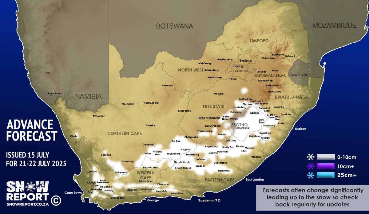 ❄ ADVANCE SNOW FORECAST: More snowfall possible for five SA provinces and Lesotho early next week - more details at snowreport.co.za #snowreportsa #africansnow #weather