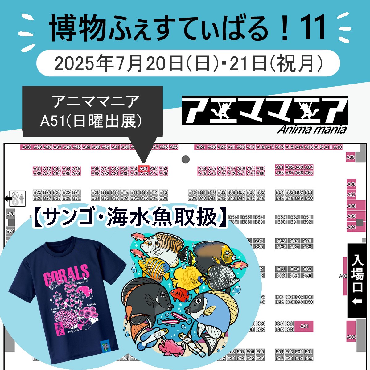 kasuga_dn's tweet image. 【★イベント参加情報★】
博物ふぇすてぃばる!11
7月20(日)21(祝月)東京ビッグサイト南1ホール
※7月20(日)のみ出店となります
海水魚とサンゴメインで出店します~!よろしくお願いいたします🙌
#博物ふぇす魚類部
#博物ふぇす