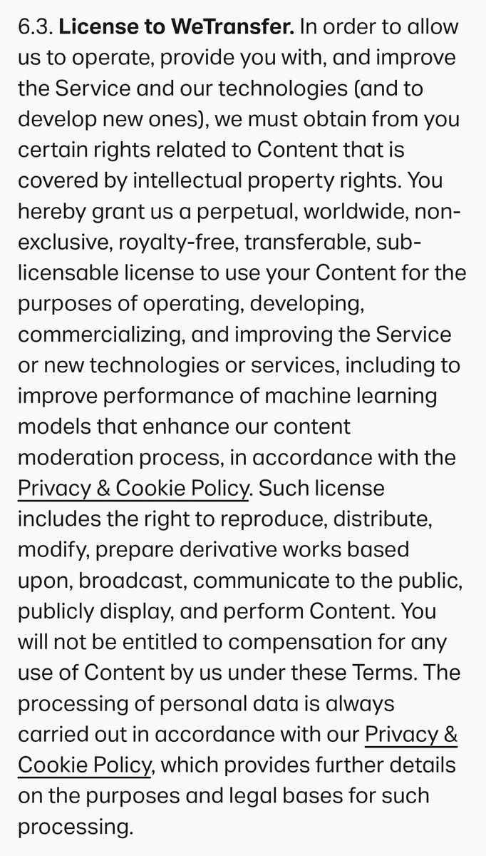 SireRed's tweet image. Si vous utilisez WeTransfer pour envoyer des fichiers + ou - confidentiels à vos clients, arrêtez immédiatement : ils ont mis à jour leurs conditions d'utilisation pour se réserver le droit de voler vos fichiers pour les utiliser pour entraîner une foutue lA.