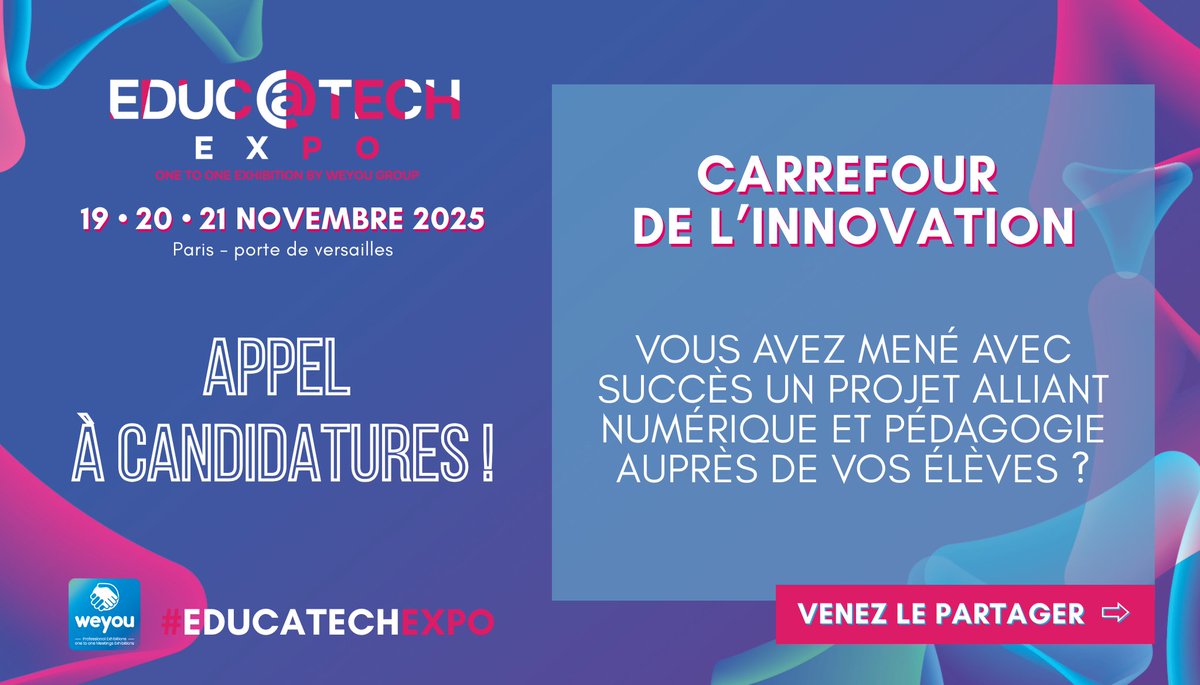 Enseignant(e) : vous avez testé une méthode ou créé une ressource alliant #numérique &amp; #pédagogie ? Venez la partager sur le #CarrefourInnovation, lors du salon #EducatechExpo, les 19-20-21 novembre prochains à Paris !
👉 form.fillout.com/t/eBC5UaxN8dus
