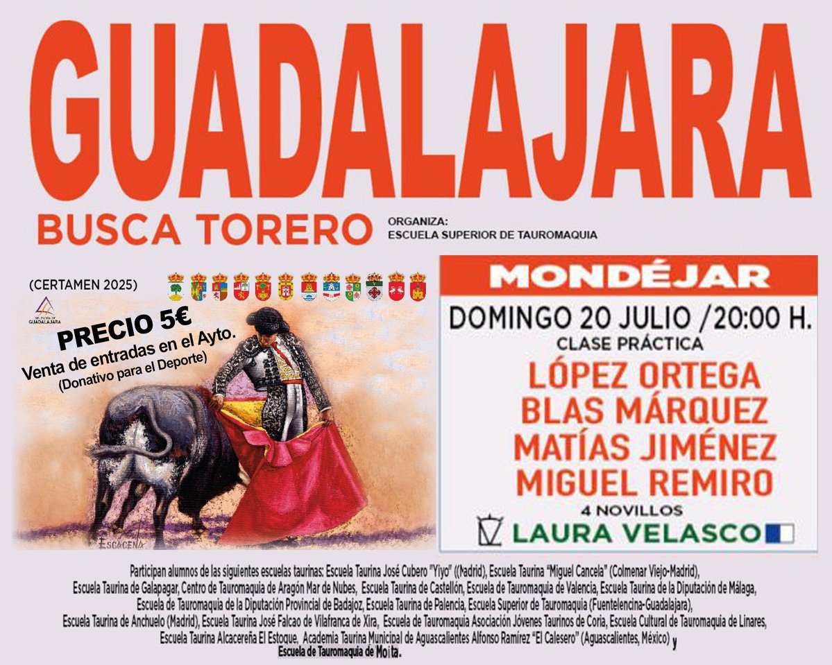 🐃🐂 "GUADALAJARA BUSCA TORERO 2025"🐃🐂 en la Plaza de Toros de #Mondéjar.
Domingo 20 de Julio, a las 20:00h. 4 Novillos de "Laura Velasco", para López Ortega, Blas Márquez, Matías Jiménez y Miguel Remiro.
🧾Entradas en el Ayuntamiento. Precio 5€ (Donativo para el Deporte).