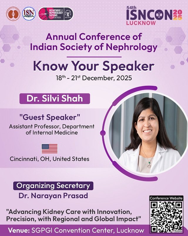 Isncon25's tweet image. π Meet the Expert | ISNCON 2025
βοΈ Dr. Silvi Shah
Welcoming our Renowned International Faculty to Lucknow!
Learn from the best in Nephrology this December.
π SGPGIMS, Lucknow
π
18th β 21st Dec 2025
#ISNCON2025 #MeetTheExpert #GlobalFaculty #isnconlucknow2025