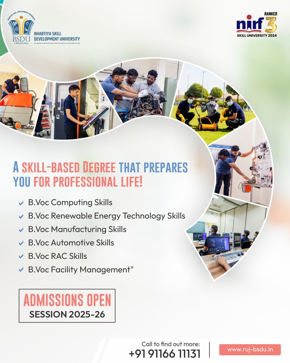 Turn Skills into a Profession!
BSDU offers hands-on B.Voc programs that make you industry-ready from day one.
✅ Practical learning
✅ Industry exposure
✅ Real-world careers

📢 Admissions 2025–26 are OPEN!
📞 Call now: 91166 11131
🔗 Apply Now: admissions.ruj-bsdu.in

#BSDU