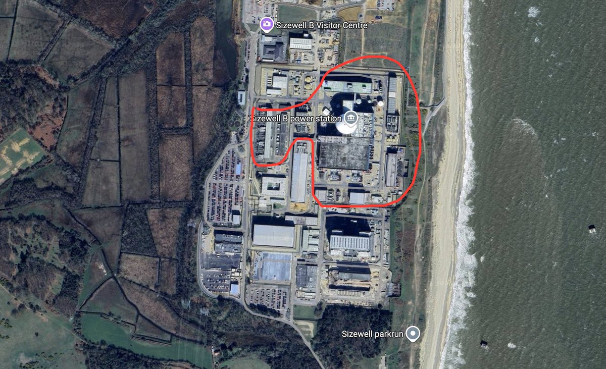 Btw the actually essential part of the power plant is in red

The rest (machine shop, spare part storage, dry cask storage, parking, Sizewell A, low grade nuclear waste facility, visitor centre) can theoretically be elsewhere or made smaller

NPPs are DENSE