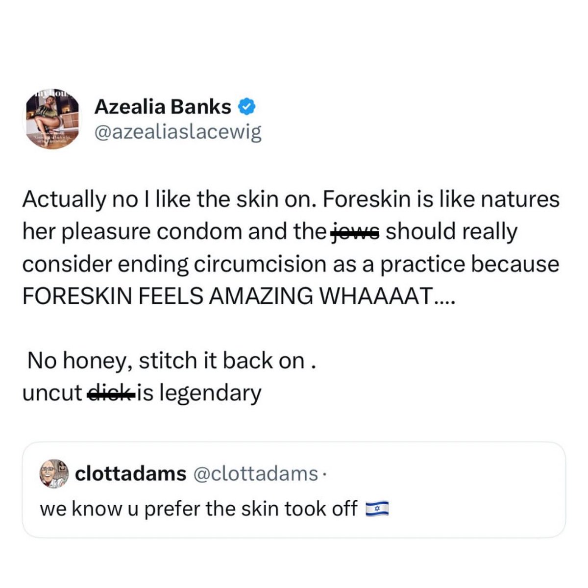 DrWeirdo420's tweet image. Azealia likes Foreskin 👍 what does the rest of the world think? #ConorMcGregor #gooner #Foreskin #nsfw #hardkink #SingleMoms #freak