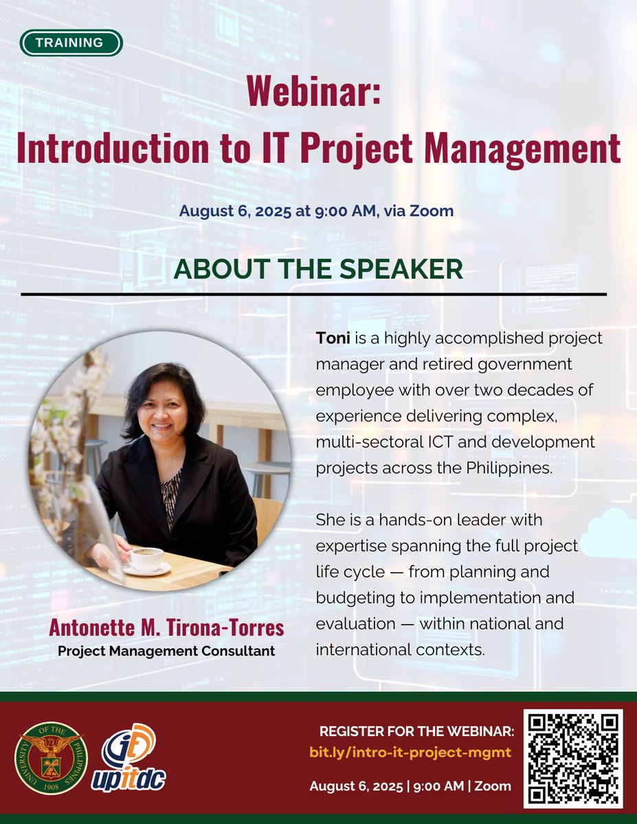 UP ITDC will be holding a FREE webinar on “Introduction to IT Project Management”.

Date: August 6, 2025 (Wednesday) 
Time: 9:00 AM  
Mode: Via Zoom 

Register at bit.ly/intro-it-proje…   

For any inquiries, send us an email at itdc_info@up.edu.ph 

See you there!