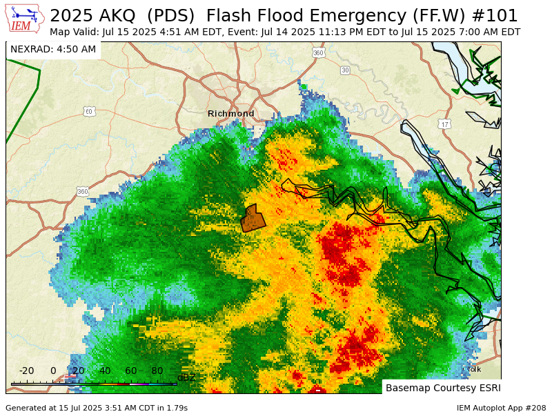 Iembot_emerg's tweet image. AKQ continues Flash Flood Emergency [flash flood: radar and gauge indicated, flash flood damage threat: catastrophic] for City of Colonial Heights, City of Petersburg [VA] till Jul 15, 7:00 AM EDT mesonet.agron.iastate.edu/vtec/f/2025-O-…