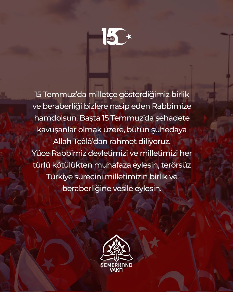 15 Temmuz’da milletçe gösterdiğimiz birlik ve beraberliği bizlere nasip eden Rabbimize hamdolsun. Başta 15 Temmuz’da şehadete kavuşanlar olmak üzere, bütün şühedaya Allah Teâlâ’dan rahmet diliyoruz. 
Yüce Rabbimiz devletimizi ve milletimizi her türlü kötülükten muhafaza eylesin,