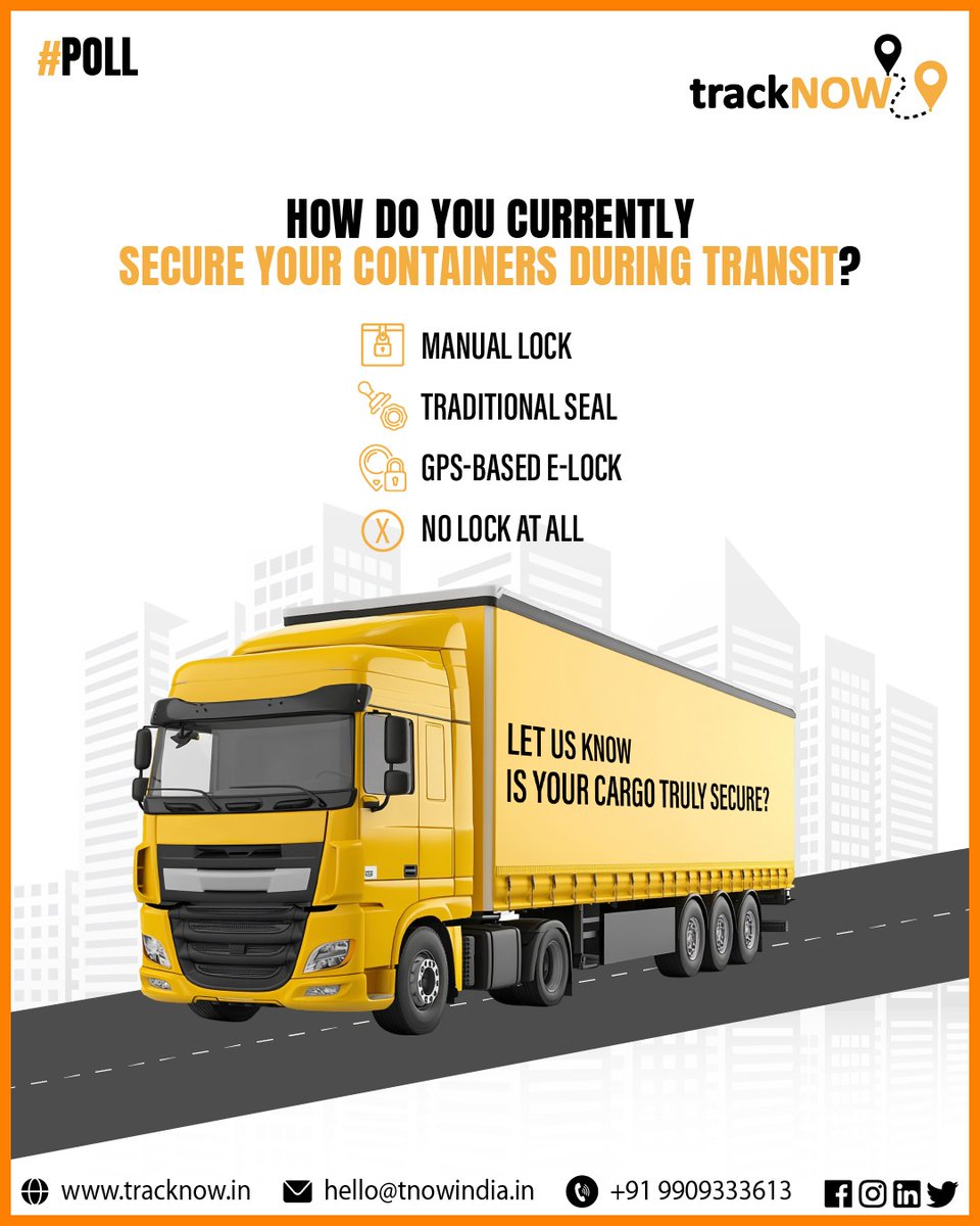 🔐 How secure is your cargo during transit?
From manual locks to GPS-based e-locks — your choice matters!
Take our quick poll and help us understand how India secures its logistics on the move. 🚛

📲 Participate now and explore smarter tracking with trackNOW!