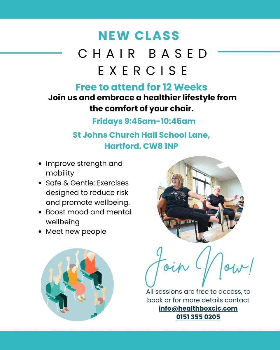 Healthbox CIC (@healthboxcic) on Twitter photo NEW CLASS!💪
We are excited to announce that we are launching a new chair base exercise class in #Northwich!
If you, or someone you know could benefit from some weekly movement to help improve strength and balance then please get in touch!
📧info@healthboxcic.com NEW CLASS!💪
We are excited to announce that we are launching a new chair base exercise class in #Northwich!
If you, or someone you know could benefit from some weekly movement to help improve strength and balance then please get in touch!
📧info@healthboxcic.com
