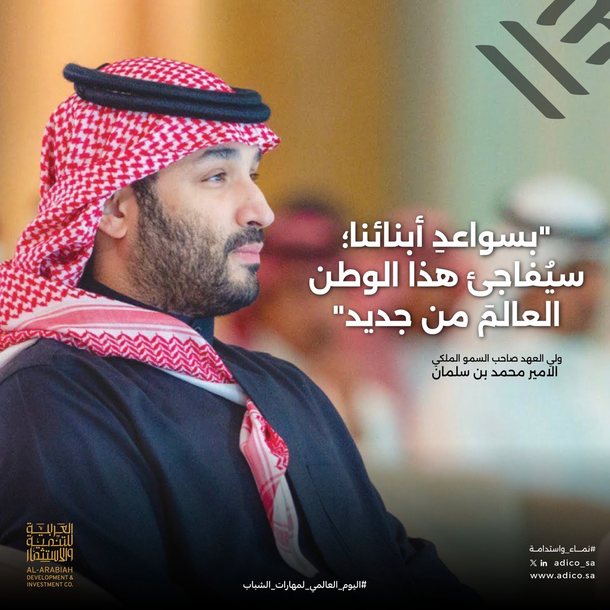 بمناسبة #اليوم_العالمي_لمهارات_الشباب، نؤمن في الشركة العربية للتنمية والاستثمار أن شباب الوطن هم الركيزة الأولى للتنمية ونستلهم من قول سمو ولي العهد: "بسواعد أبنائنا؛ سيُفاجئ هذا الوطن العالم من جديد"
نراهن على مهاراتهم، ونستثمر في طاقاتهم لصناعة غد أكثر ازدهارًا.
#نماء_واستدامة