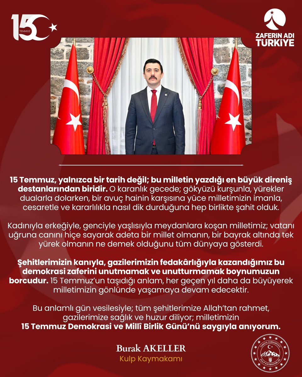 Kaymakamımız Sayın Burak AKELLER’in, 15 Temmuz Demokrasi ve Millî Birlik Günü’ne İlişkin Mesajı

#ZaferinAdıTürkiye 🇹🇷