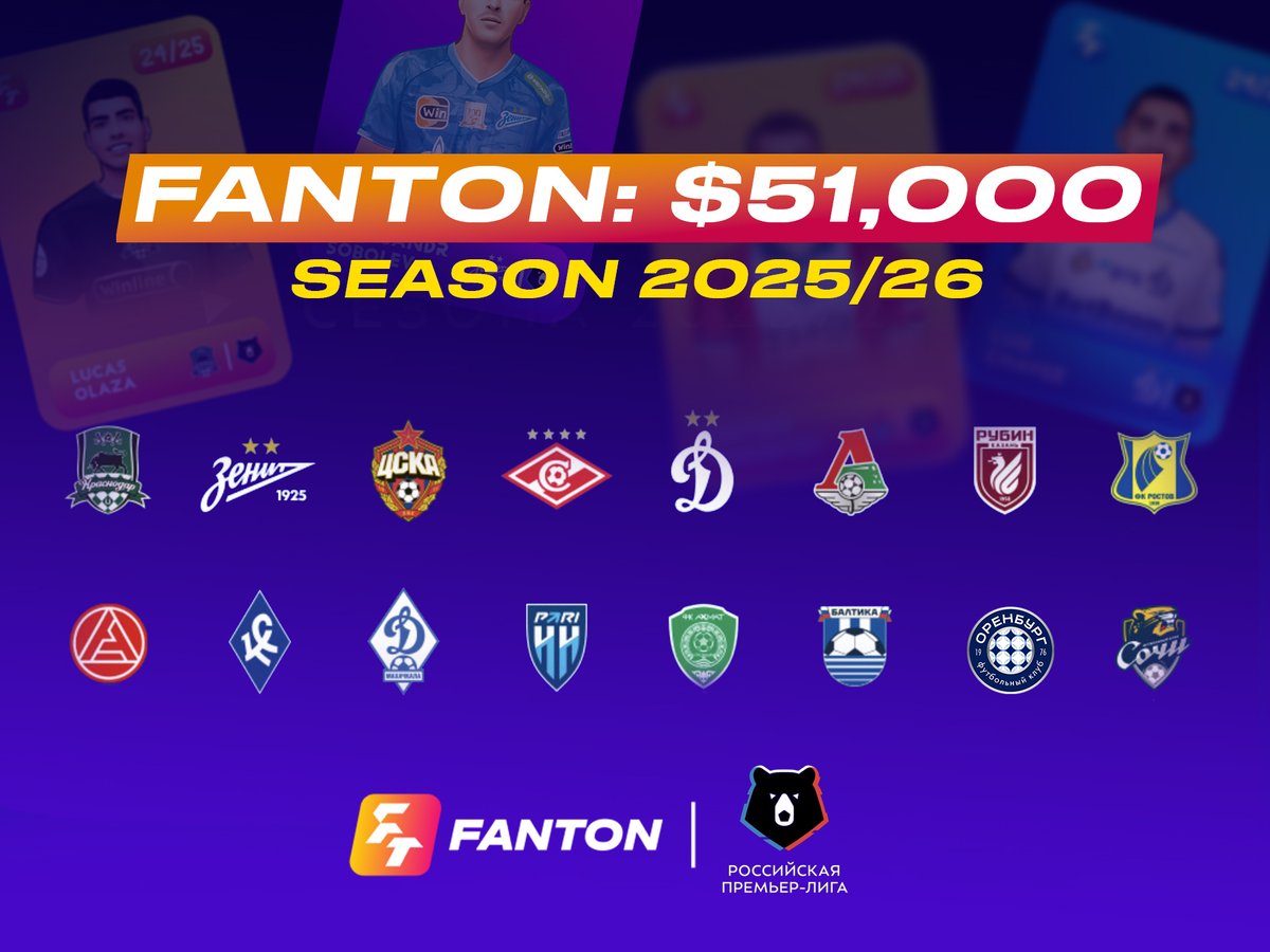 Fanton Fantasy Football (@fantasyfanton) on Twitter photo <a href="/FantasyFanton/">Fanton Fantasy Football</a> and the Russian Premier League — TOGETHER IN SEASON 25/26
Prize pool — $51,000💜
Launching fantasy #NFT tournaments with official RPL cards for the Season 25/26!
<a href="/FCKrasnodar_Eng/">FCKrasnodar_Eng</a> and <a href="/fczenit_en/">FC Zenit in English✨</a> , <a href="/PFCCSKA_en/">PFC CSKA Moscow</a> and <a href="/fcsm_eng/">FC Spartak Moscow</a> , Dynamo, <a href="/fclokomotiv_eng/">FC Lokomotiv Moscow</a> , and <a href="/FantasyFanton/">Fanton Fantasy Football</a> and the Russian Premier League — TOGETHER IN SEASON 25/26
Prize pool — $51,000💜
Launching fantasy #NFT tournaments with official RPL cards for the Season 25/26!
<a href="/FCKrasnodar_Eng/">FCKrasnodar_Eng</a> and <a href="/fczenit_en/">FC Zenit in English✨</a> , <a href="/PFCCSKA_en/">PFC CSKA Moscow</a> and <a href="/fcsm_eng/">FC Spartak Moscow</a> , Dynamo, <a href="/fclokomotiv_eng/">FC Lokomotiv Moscow</a> , and