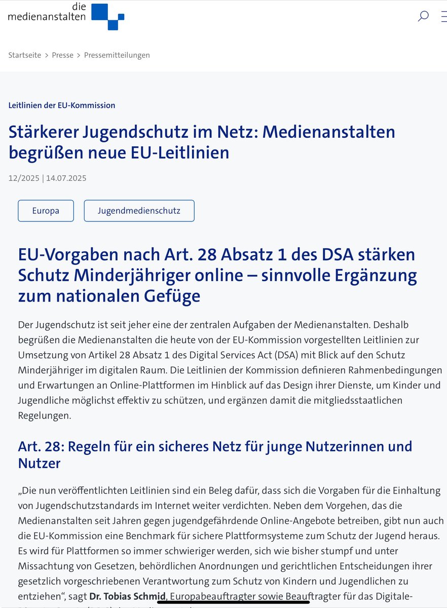 Klare Vorgaben der EU für den Schutz Minderjähriger auf Plattformen: Die neuen Leitlinien zu Art. 28 DSA betonen besonders die Altersverifikation als wirksames Schutzinstrument.
Mehr dazu: die-medienanstalten.de/service/presse…