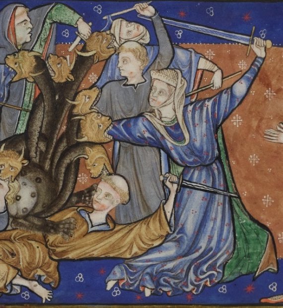 DrNaomiBaker's tweet image. This image of a woman fighting the Beast in the 13th-century Trinity Apocalypse is sensational. The manuscript was possibly created for a woman and a 17th-century woman was its first identifiable owner - women are unusually prominent in its stunning illustrations
Image: Trinity…