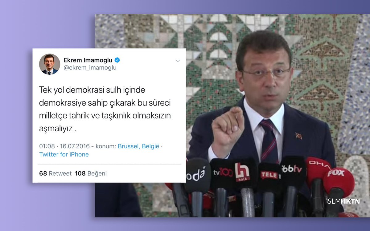 ▪️ Belediyeci Ekrem İmamoğlu, hain darbe girişimin gerçekleştiği dönemde attığı  15 Temmuz mesajında TOP ÇEVİRİRKEN, 
eşi Dilek İmamoğlu ondan daha net ve kararlı bir mesaj atarak darbeye direnenlere ''GERİ ZEKALI'' demiş!