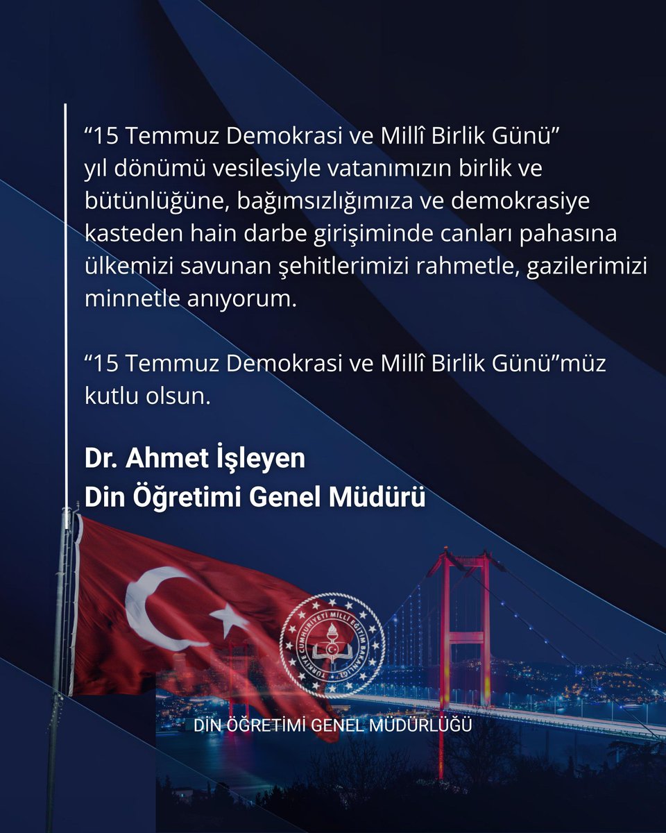 🌙 Genel Müdürümüz Dr. Ahmet İşleyen, “15 Temmuz Demokrasi ve Millî Birlik Günü” dolayısıyla bir mesaj yayımladı.