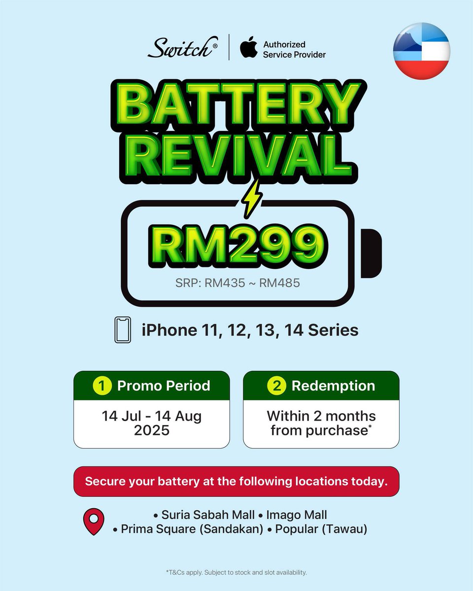 #Sabah, you're first.
Our Battery Revival Campaign kicks off here — exclusively at selected Apple Authorized Service Provider locations:
✅ Suria Sabah Mall (Kota Kinabalu)
✅ Imago Mall (Kota Kinabalu)
✅ Prima Square (Sandakan)
✅ Popular (Tawau)

How it works:
1️⃣ Bring your