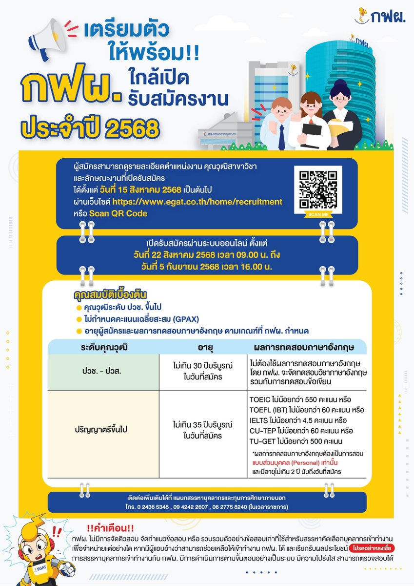 ⚡️ เตรียมตัวให้พร้อม!! กฟผ. ใกล้เปิดรับสมัครพนักงานใหม่แล้วนะ
📌 ประกาศรายละเอียดตำแหน่งงานและคุณวุฒิสาขาวิชา ในวันที่ 15 สิงหาคม 2568
ที่ egat.co.th/home/recruitme…
สอบถามข้อมูลเพิ่มเติมได้ที่ แผนกสรรหาบุคลากรและทุนการศึกษาภายนอก
โทร. 0 2436 5348 และ 09 4242 2607 ในวันและเวลาทำการ