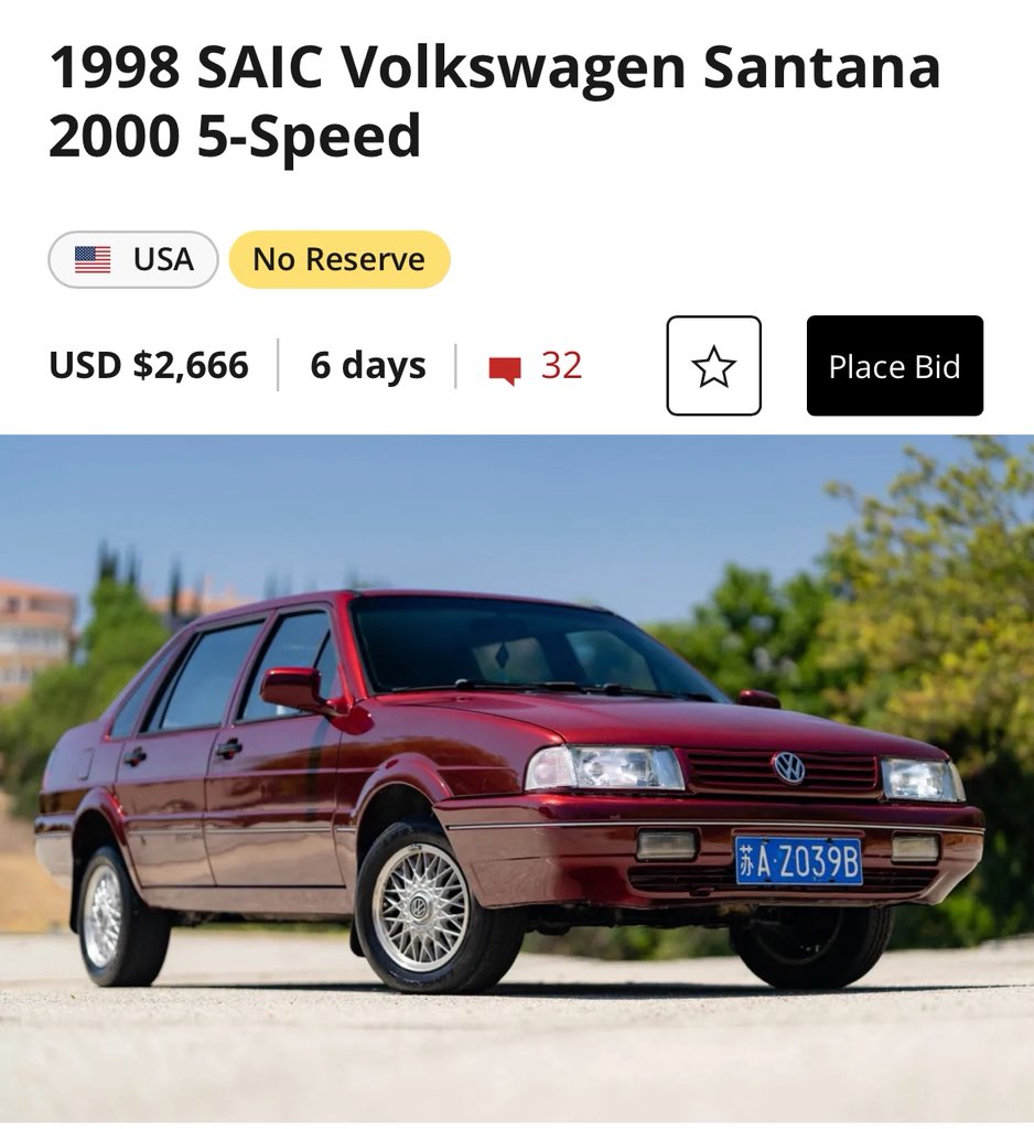 yarbatman's tweet image. Someone is selling a Chinese Domestic Market VW Santana on @Bringatrailer with no reserve.
This is one of the most important cars in history!
The SAIC joint venture with VW set the foundation for China’s automotive industry and the Santana got China’s middle class on the road.