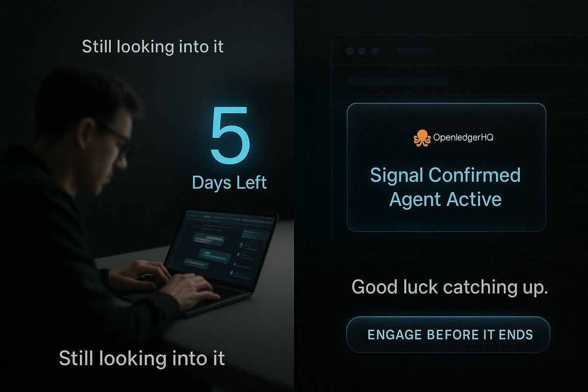 chiftine(✸,✸) 🔌 ⚡ HUDL (@chiftine1) on Twitter photo Still “looking into it”?
<a href="/OpenledgerHQ/">Openledger</a>’s agent has been live for weeks.
The Cookie campaign ends in 5 days.
No threads. No alpha leaks.
Just signal and a ticking clock.
Good luck catching up.
#GlassLayer #CookieDotFun #MindshareMode Still “looking into it”?
<a href="/OpenledgerHQ/">Openledger</a>’s agent has been live for weeks.
The Cookie campaign ends in 5 days.
No threads. No alpha leaks.
Just signal and a ticking clock.
Good luck catching up.
#GlassLayer #CookieDotFun #MindshareMode