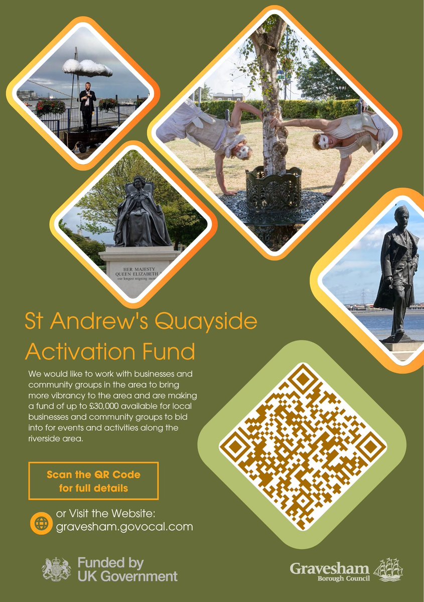 GravesendTCM's tweet image. Our Grant Scheme is still open for ideas at St Andrew's Quayside. Could you bring an exciting engaging new event to this Thameside location that would increase visitor numbers and dwell time? Scan the QR Code on the flier or go to: gravesham.govocal.com/.../st-andrew-…...
