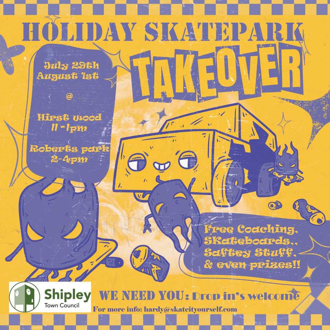 ShipleyTC's tweet image. Skate It Yourself have two skatepark takeovers planned during the school holidays. Funded through the Shipley Town Council Parks & Recreation Grant, the sessions are drop in. Taking place on July 29th & August 1st, the team will be at Hirst Wood 11am-1pm & in Roberts Park 2pm-4pm