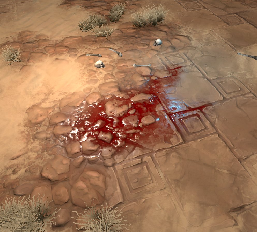 Conquest Dark uses depth blending not only for terrain textures but also for blood splat maps. Blood dynamically forms on the ground and seeps into the terrain’s cracks and crevices.

#gamedev #shaders