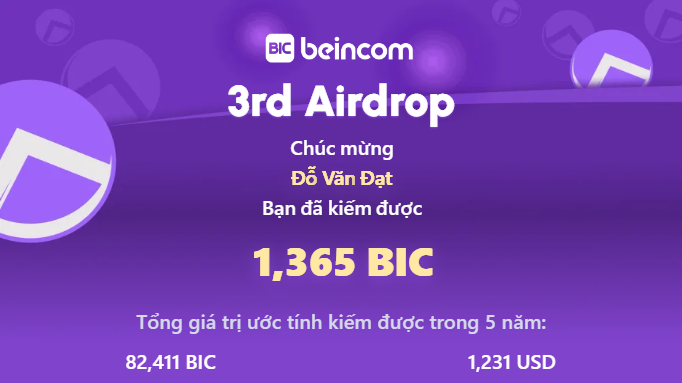 dodat139's tweet photo. @BeincomOfficial Just got 1,365 $BIC from the 3rd Airdrop! 💜
Beincom’s 60-month drop plan is wild… and we’re only 3/60 in 😏
Estimated 5-year earnings?
🪙 82,411 BIC
💵 $1,231 USD

How’s everyone doing in this round? Let’s flex a bit 👇
#Beincom #BICToken #AirdropBIC https://t.co/lKPYVovSVx