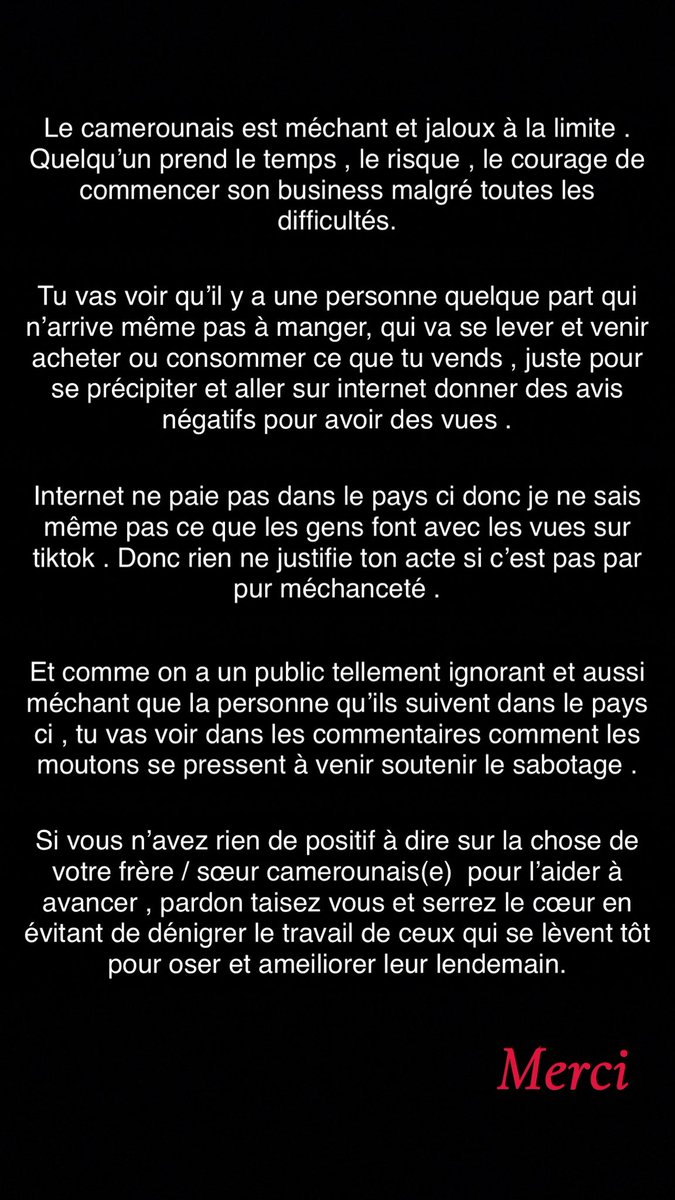 Je ne sais pas pourquoi le camerounais est comme ça . 
C’est triste pour nous hein 😭