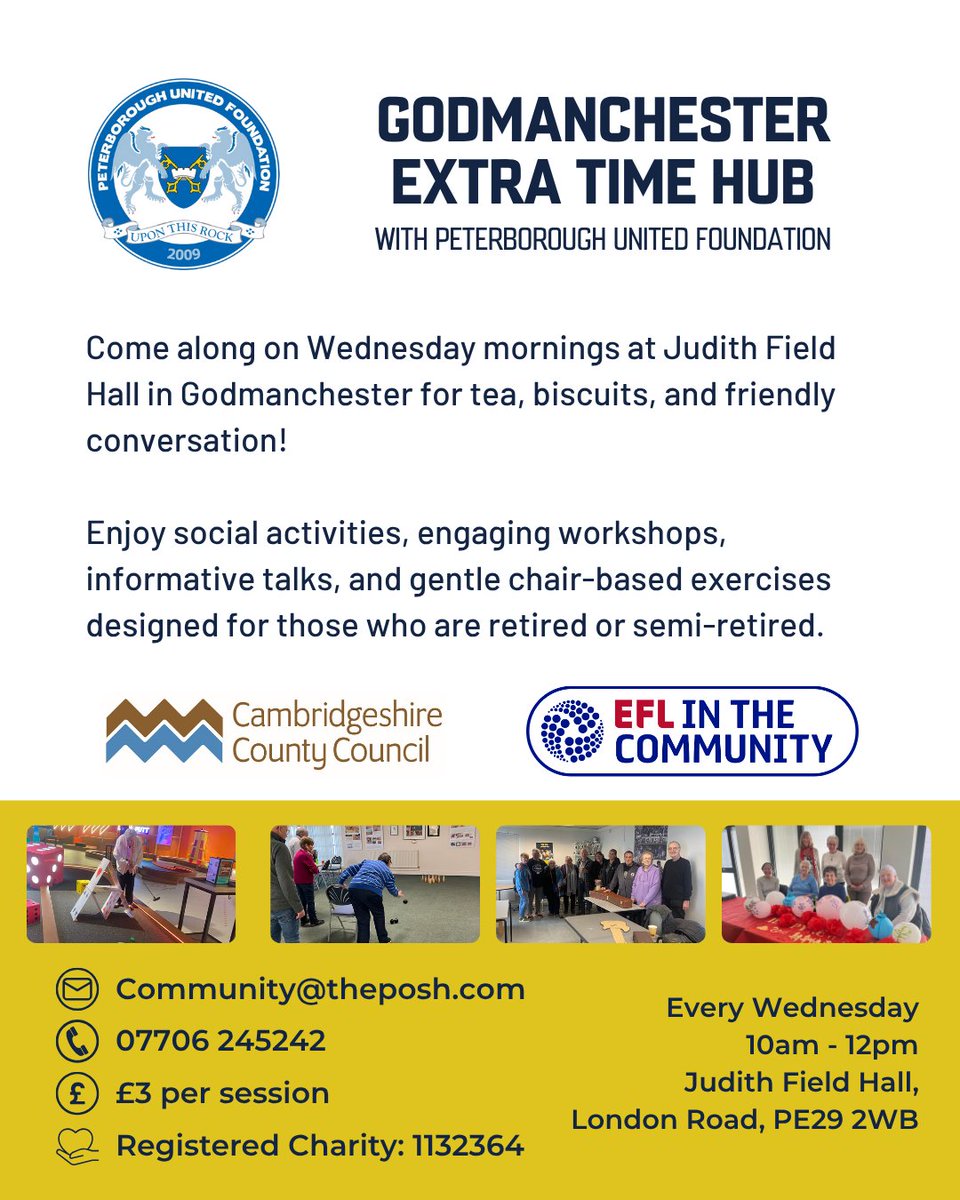 Peterborough United Foundation (@poshfoundation) on Twitter photo ✨ Our Godmanchester Extra Time Hub takes place every Wednesday, 10am-12pm at Judith Field Hall, PE29 2WB!
📧 Community@theposh.com for more info or to sign up!
#pufc ✨ Our Godmanchester Extra Time Hub takes place every Wednesday, 10am-12pm at Judith Field Hall, PE29 2WB!
📧 Community@theposh.com for more info or to sign up!
#pufc