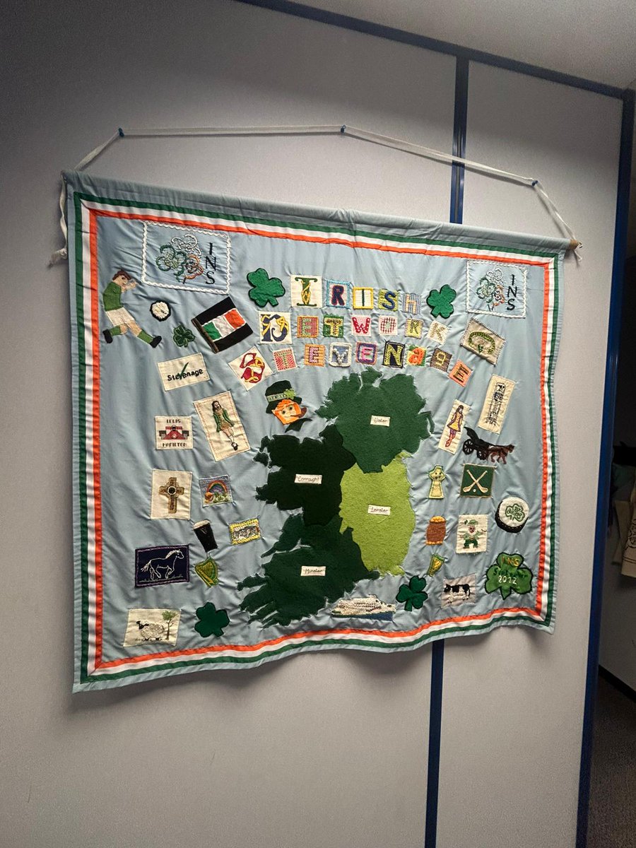 irishinbritain's tweet image. The ladies of the Irish Network Stevenage created this beautiful tapestry during their textile class.
It features rich symbolism representing both Ireland & Stevenage, the town they’ve proudly called home for many years.
See if you can spot Lewis Hamilton & the bodhrán!
