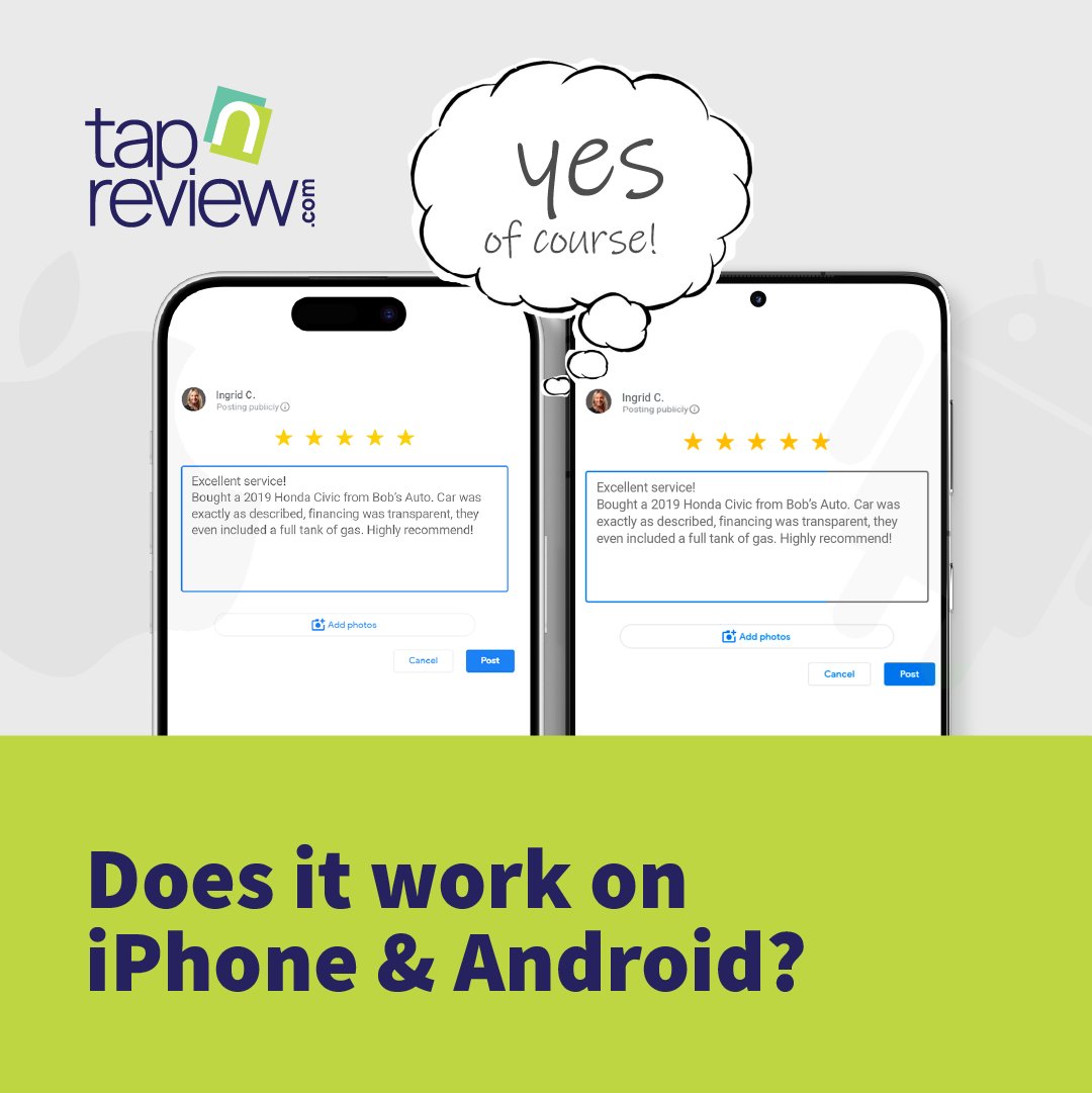 95% of phones have NFC built-in.

With TapNreview, your customers can leave a Google review with just a tap, no apps needed.🙌

Click to learn more: tapnreview.com

#TapNReview #easyreviews #NFCTech #googlereview #businesstools