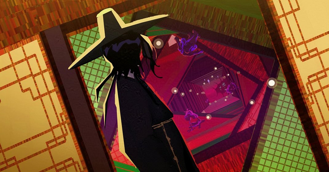 Demon Realm concept art by Henry Wong 

He says that he took inspiration from Demon Slayer, Dr Strange, and Evangelion. He wanted the disorientating kaleidoscope patterns to be like traditional Korean patterns/ dancheong